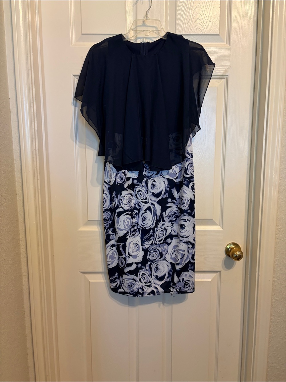 Navy Overlay Dress with White Rose Print